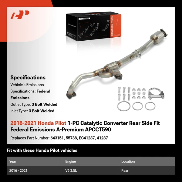 2016-2021 Honda Pilot 1-PC Catalytic Converter Rear Side Fit Federal Emissions A-Premium APCCT590