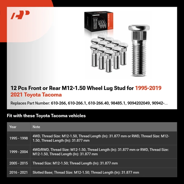 12 Pcs Front or Rear M12-1.50 Wheel Lug Stud for 1995-2019 2021 Toyota Tacoma