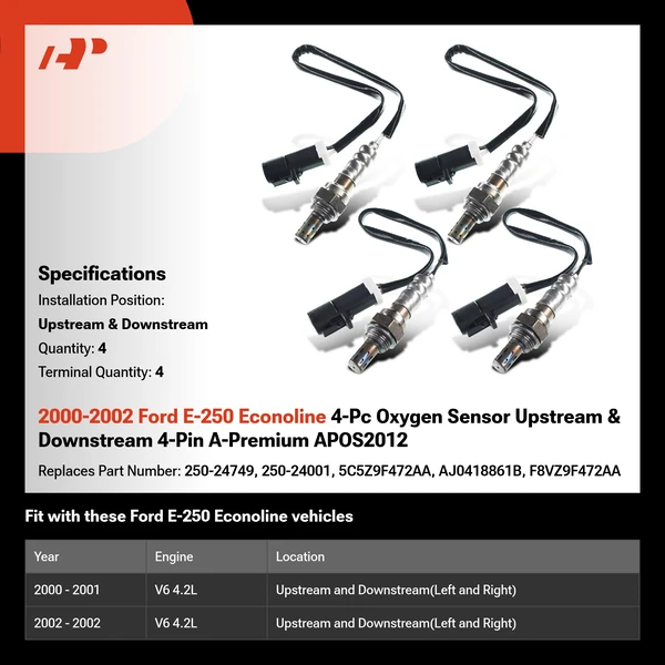 2000-2002 Ford E-250 Econoline 4-Pc Oxygen Sensor Upstream & Downstream 4-Pin A-Premium APOS2012