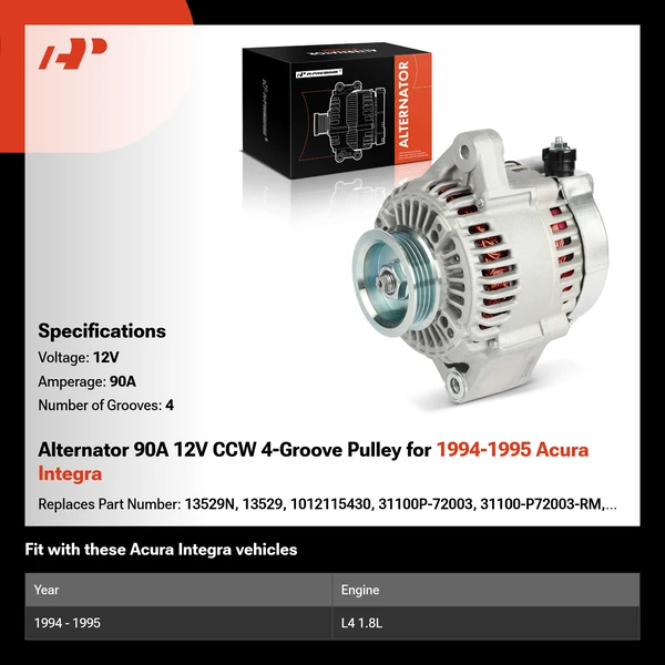 Alternator 90A 12V CCW 4-Groove Pulley for 1994-1995 Acura Integra