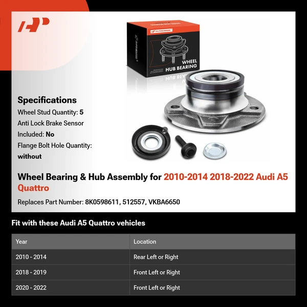 Wheel Bearing & Hub Assembly for 2010-2014 2018-2022 Audi A5 Quattro