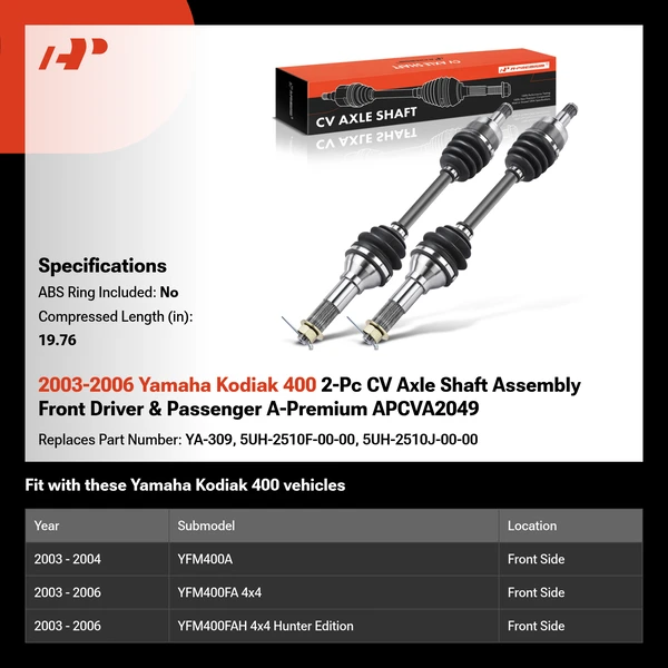 2003-2006 Yamaha Kodiak 400 2-Pc CV Axle Shaft Assembly Front Driver & Passenger A-Premium APCVA2049