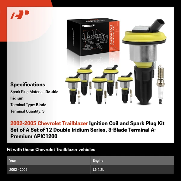 2002-2005 Chevrolet Trailblazer Ignition Coil and Spark Plug Kit Set of A Set of 12 Double Iridium Series, 3-Blade Terminal A-Premium APIC1200