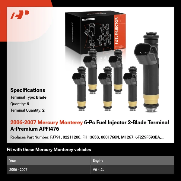 2006-2007 Mercury Monterey 6-Pc Fuel Injector 2-Blade Terminal A-Premium APFI476
