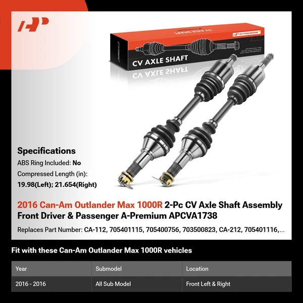 2016 Can-Am Outlander Max 1000R 2-Pc CV Axle Shaft Assembly Front Driver & Passenger A-Premium APCVA1738