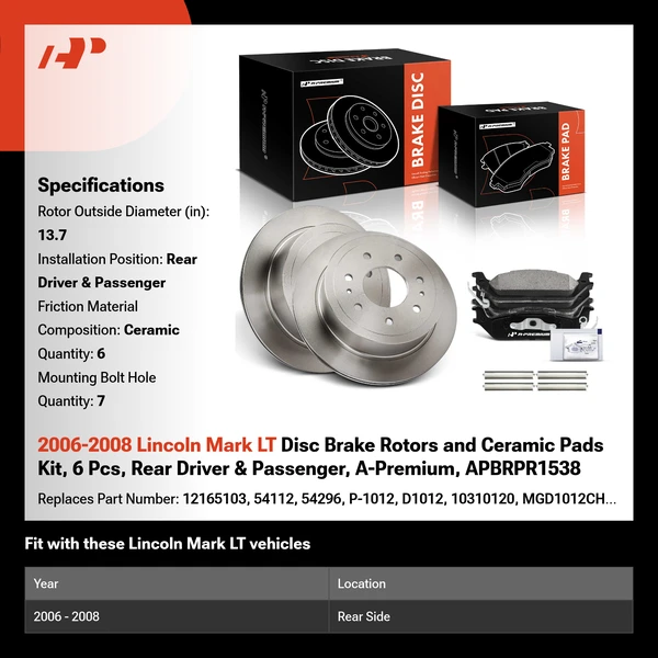 2006-2008 Lincoln Mark LT Disc Brake Rotors and Ceramic Pads Kit, 6 Pcs, Rear Driver & Passenger, A-Premium, APBRPR1538
