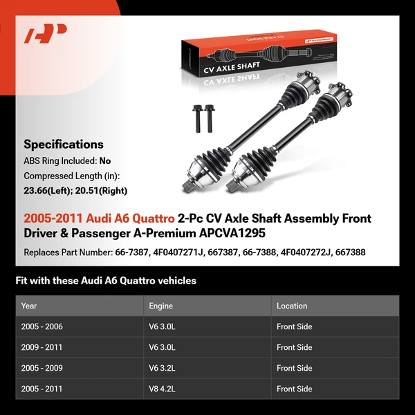 2005-2011 Audi A6 Quattro 2-Pc CV Axle Shaft Assembly Front Driver & Passenger A-Premium APCVA1295