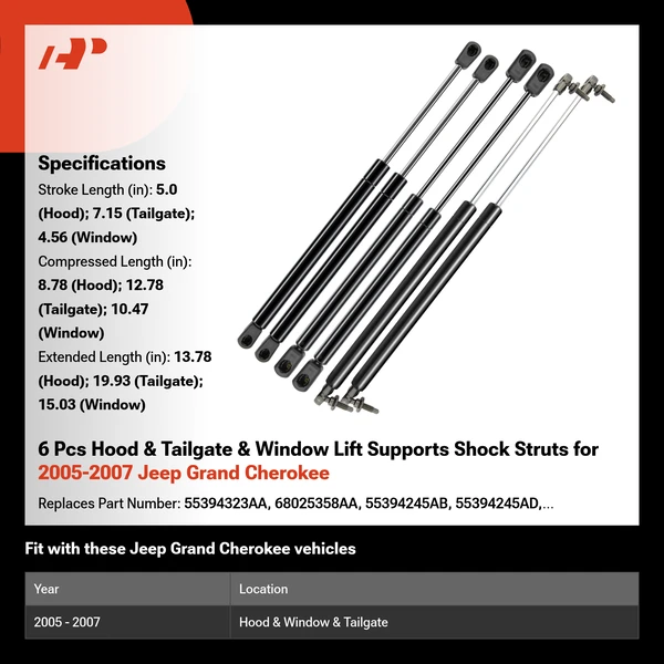 6 Pcs Hood & Tailgate & Window Lift Supports Shock Struts for 2005-2007 Jeep Grand Cherokee