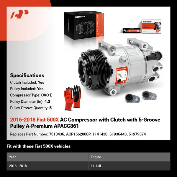 2016-2018 Fiat 500X AC Compressor with Clutch with 5-Groove Pulley A-Premium APACC861
