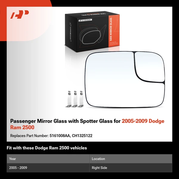 Passenger Mirror Glass with Spotter Glass for 2005-2009 Dodge Ram 2500