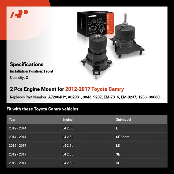 2 Pcs Engine Mount for 2012-2017 Toyota Camry