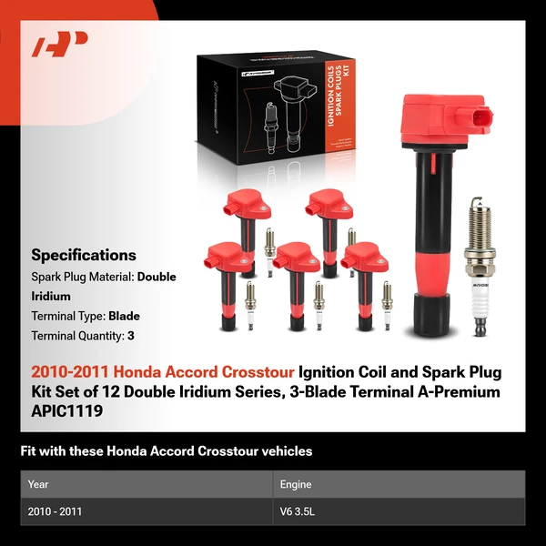 2010-2011 Honda Accord Crosstour Ignition Coil and Spark Plug Kit Set of 12 Double Iridium Series, 3-Blade Terminal A-Premium APIC1119