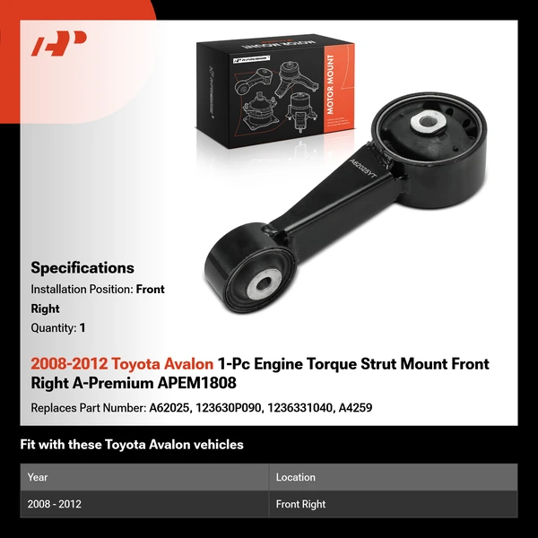 2008-2012 Toyota Avalon 1-Pc Engine Torque Strut Mount Front Right A-Premium APEM1808