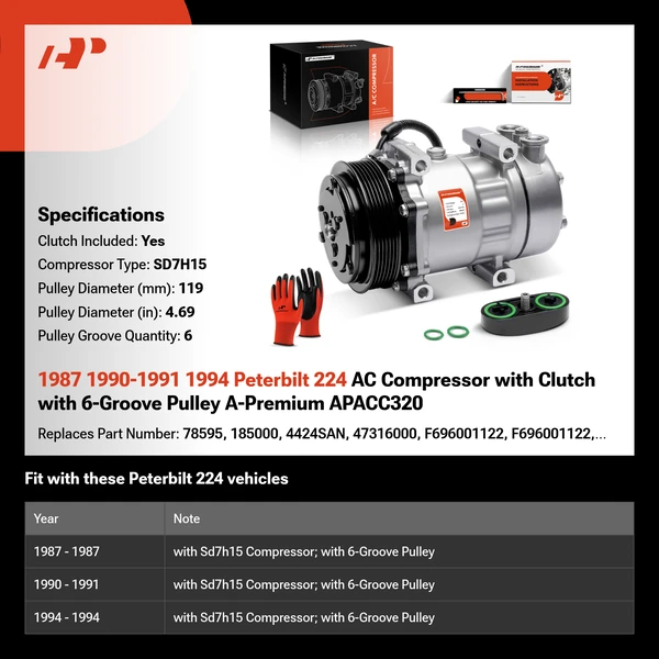 1987 1990-1991 1994 Peterbilt 224 AC Compressor with Clutch with 6-Groove Pulley A-Premium APACC320