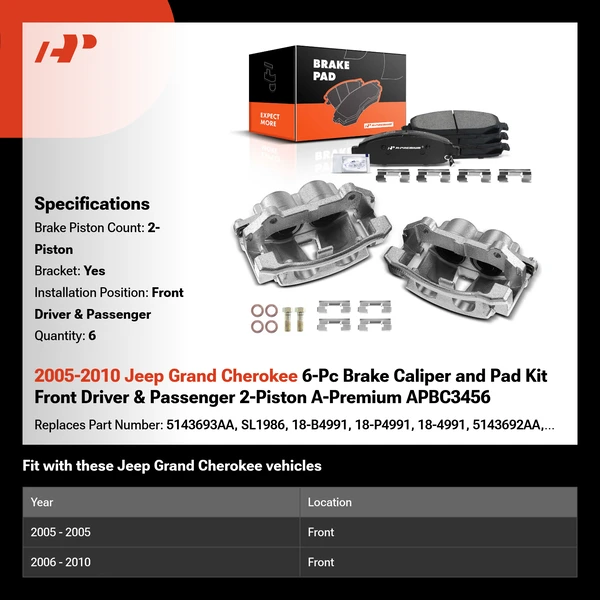 2005-2010 Jeep Grand Cherokee 6-Pc Brake Caliper and Pad Kit Front Driver & Passenger 2-Piston A-Premium APBC3456