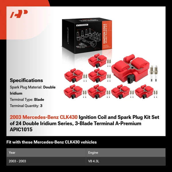 2003 Mercedes-Benz CLK430 Ignition Coil and Spark Plug Kit Set of 24 Double Iridium Series, 3-Blade Terminal A-Premium APIC1015
