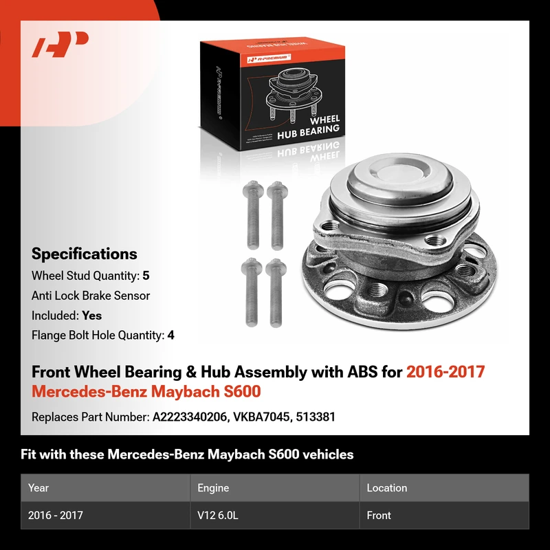 Front Wheel Bearing & Hub Assembly with ABS for 2016-2017 Mercedes-Benz Maybach S600