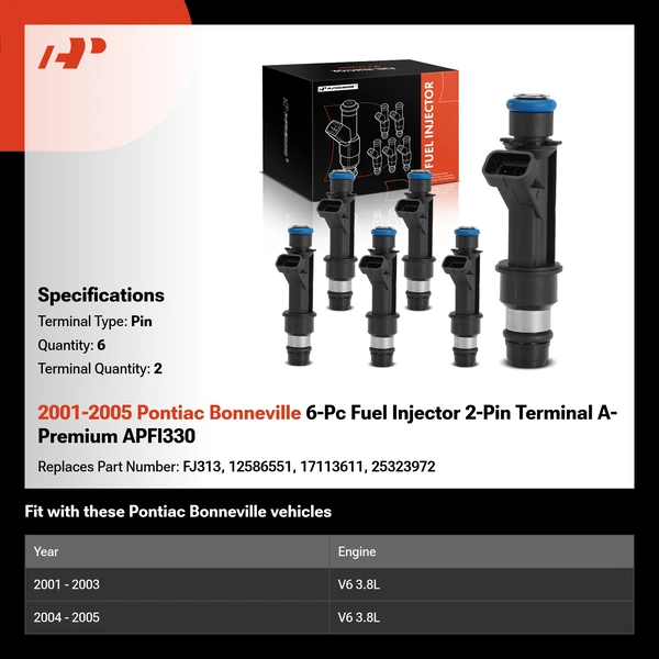 2001-2005 Pontiac Bonneville 6-Pc Fuel Injector 2-Pin Terminal A-Premium APFI330