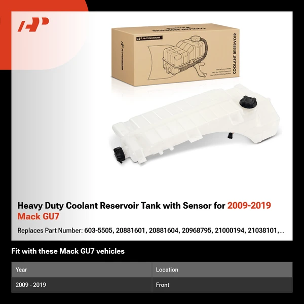 Heavy Duty Coolant Reservoir Tank with Sensor for 2009-2019 Mack GU7