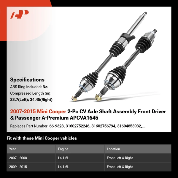 2007-2015 Mini Cooper 2-Pc CV Axle Shaft Assembly Front Driver & Passenger A-Premium APCVA1645