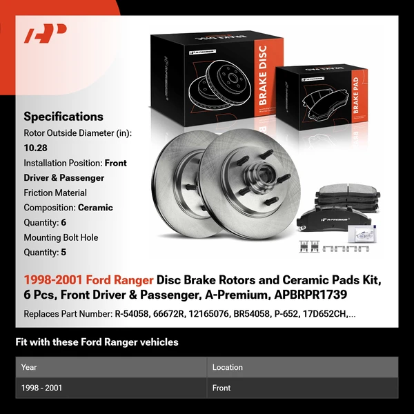 1998-2001 Ford Ranger Disc Brake Rotors and Ceramic Pads Kit, 6 Pcs, Front Driver & Passenger, A-Premium, APBRPR1739