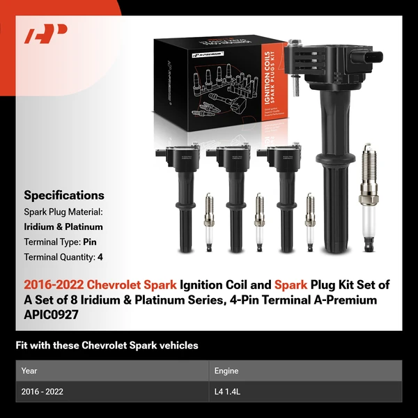 2016-2022 Chevrolet Spark Ignition Coil and Spark Plug Kit Set of A Set of 8 Iridium & Platinum Series, 4-Pin Terminal A-Premium APIC0927