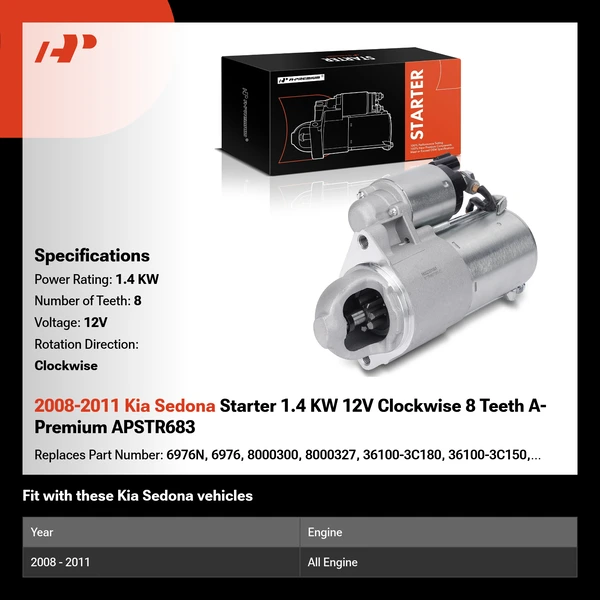 2008-2011 Kia Sedona Starter 1.4 KW 12V Clockwise 8 Teeth A-Premium APSTR683