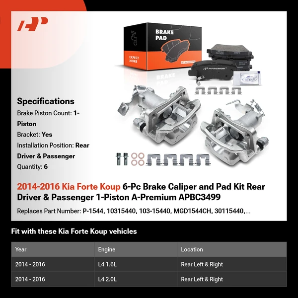 2014-2016 Kia Forte Koup 6-Pc Brake Caliper and Pad Kit Rear Driver & Passenger 1-Piston A-Premium APBC3499
