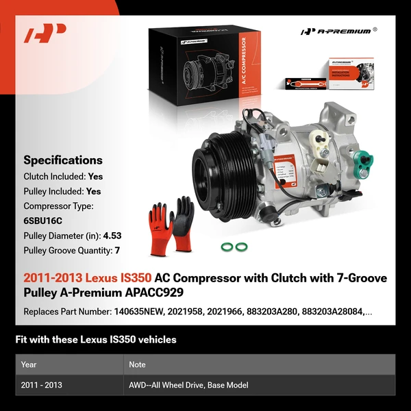 2011-2013 Lexus IS350 AC Compressor with Clutch with 7-Groove Pulley A-Premium APACC929