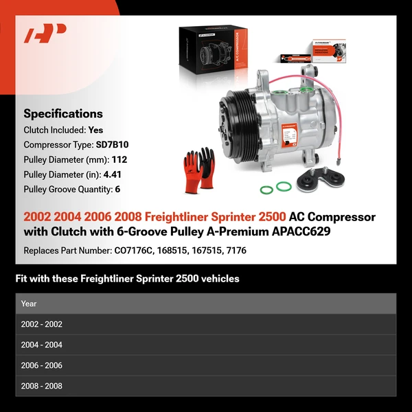 2002 2004 2006 2008 Freightliner Sprinter 2500 AC Compressor with Clutch with 6-Groove Pulley A-Premium APACC629
