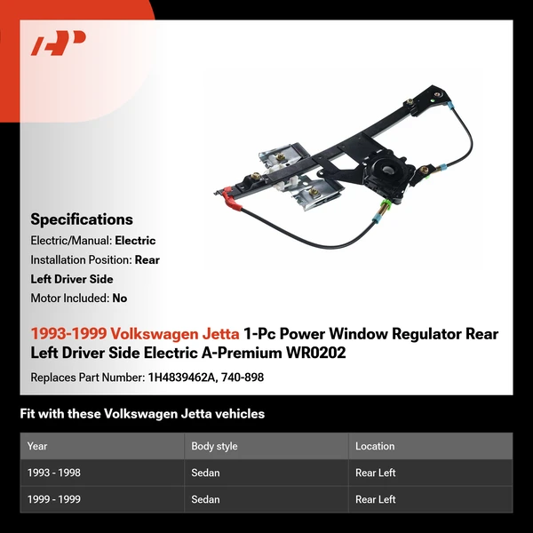 1993-1999 Volkswagen Jetta 1-Pc Power Window Regulator Rear Left Driver Side Electric A-Premium WR0202