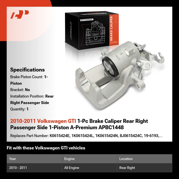 2010-2011 Volkswagen GTI 1-Pc Brake Caliper Rear Right Passenger Side 1-Piston A-Premium APBC1448