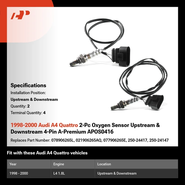1998-2000 Audi A4 Quattro 2-Pc Oxygen Sensor Upstream & Downstream 4-Pin A-Premium APOS0416