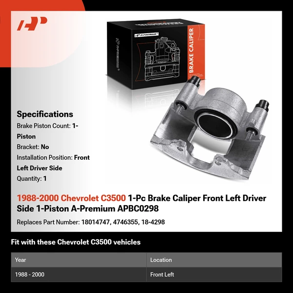 1988-2000 Chevrolet C3500 1-Pc Brake Caliper Front Left Driver Side 1-Piston A-Premium APBC0298