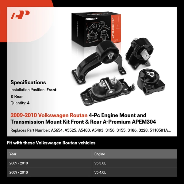 2009-2010 Volkswagen Routan 4-Pc Engine Mount and Transmission Mount Kit Front & Rear A-Premium APEM304