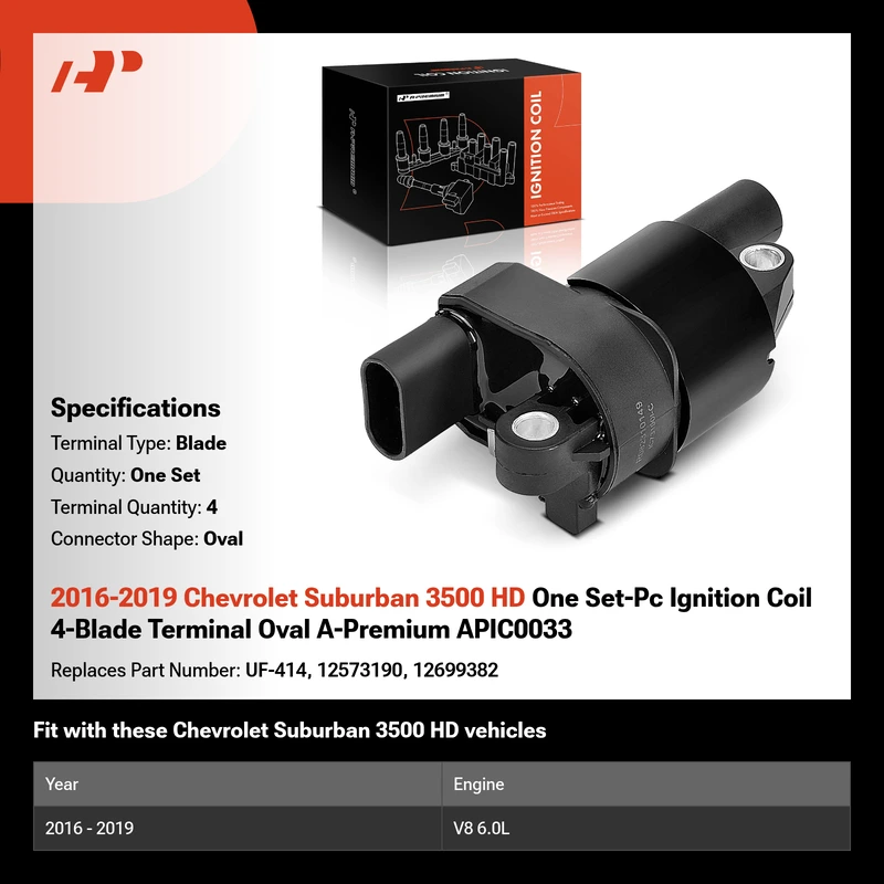 2016-2019 Chevrolet Suburban 3500 HD One Set-Pc Ignition Coil 4-Blade Terminal Oval A-Premium APIC0033