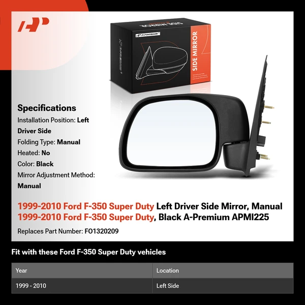 1999-2010 Ford F-350 Super Duty Left Driver Side Mirror, Manual 1999-2010 Ford F-350 Super Duty, Black A-Premium APMI225
