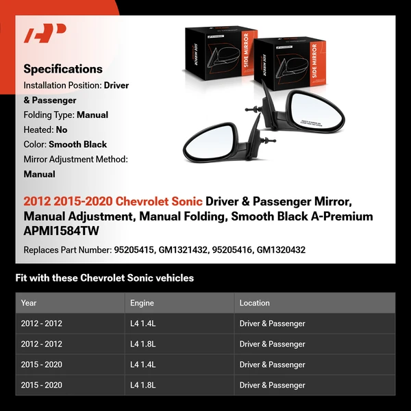 2012 2015-2020 Chevrolet Sonic Driver & Passenger Mirror, Manual Adjustment, Manual Folding, Smooth Black A-Premium APMI1584TW
