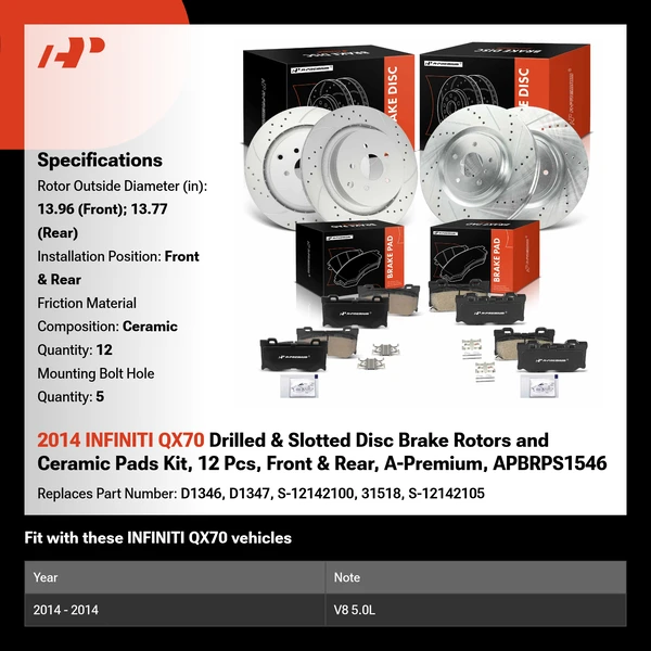 2014 INFINITI QX70 Drilled & Slotted Disc Brake Rotors and Ceramic Pads Kit, 12 Pcs, Front & Rear, A-Premium, APBRPS1546