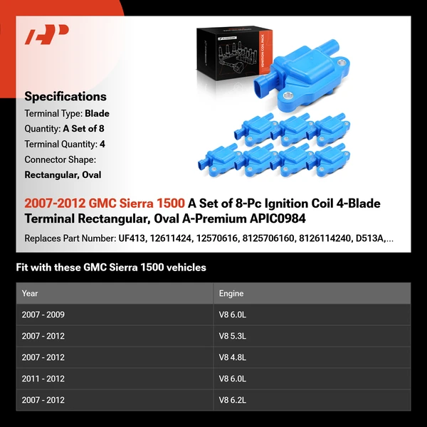 2007-2012 GMC Sierra 1500 A Set of 8-Pc Ignition Coil 4-Blade Terminal Rectangular, Oval A-Premium APIC0984