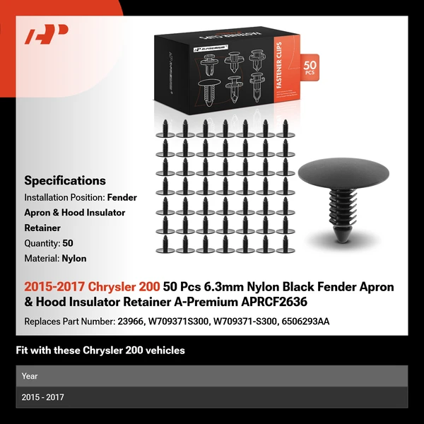 2015-2017 Chrysler 200 50 Pcs 6.3mm Nylon Black Fender Apron & Hood Insulator Retainer A-Premium APRCF2636