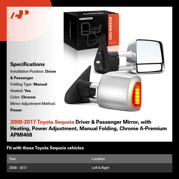 2008-2017 Toyota Sequoia Driver & Passenger Mirror, with Heating, Power Adjustment, Manual Folding, Chrome A-Premium APMI468