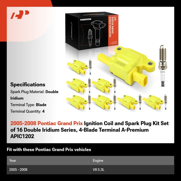 2005-2008 Pontiac Grand Prix Ignition Coil and Spark Plug Kit Set of 16 Double Iridium Series, 4-Blade Terminal A-Premium APIC1202