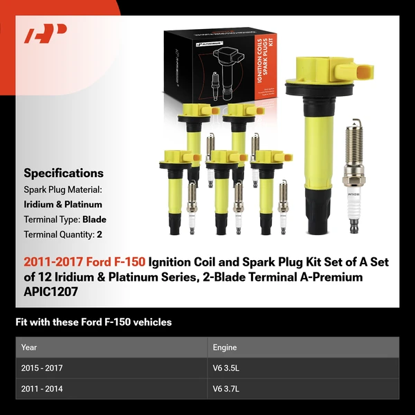 2011-2017 Ford F-150 Ignition Coil and Spark Plug Kit Set of A Set of 12 Iridium & Platinum Series, 2-Blade Terminal A-Premium APIC1207