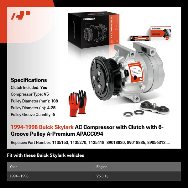 1994-1998 Buick Skylark AC Compressor with Clutch with 6-Groove Pulley A-Premium APACC094