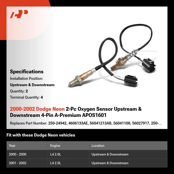 2000-2002 Dodge Neon 2-Pc Oxygen Sensor Upstream & Downstream 4-Pin A-Premium APOS1601