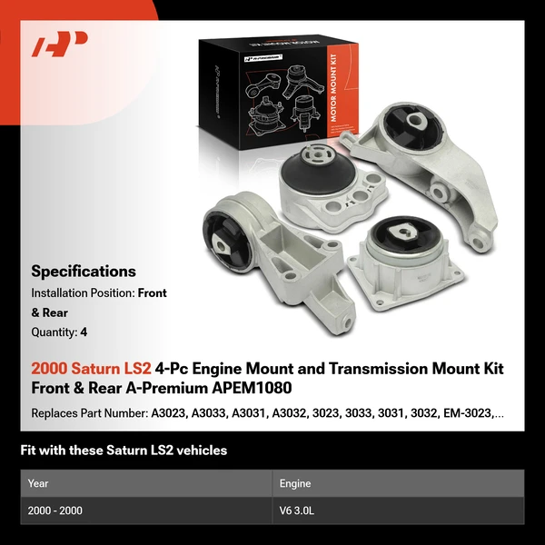 2000 Saturn LS2 4-Pc Engine Mount and Transmission Mount Kit Front & Rear A-Premium APEM1080