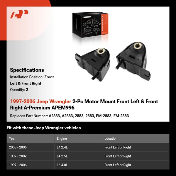 1997-2006 Jeep Wrangler 2-Pc Motor Mount Front Left & Front Right A-Premium APEM996