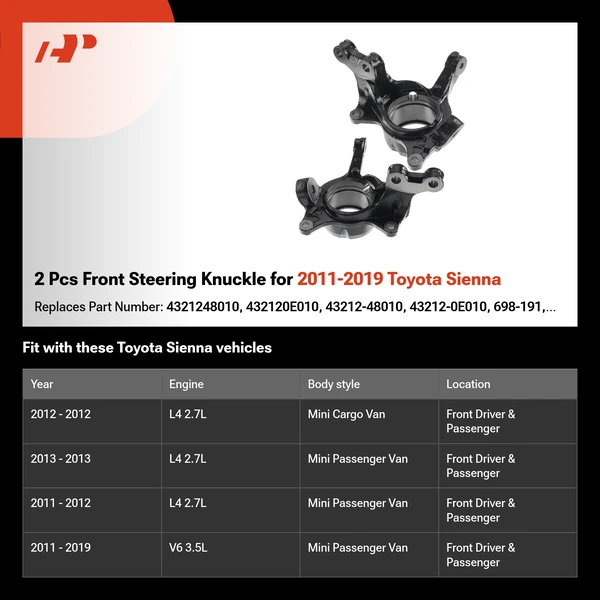 2 Pcs Front Steering Knuckle for 2011-2019 Toyota Sienna