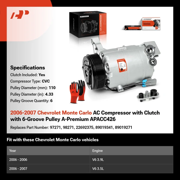 2006-2007 Chevrolet Monte Carlo AC Compressor with Clutch with 6-Groove Pulley A-Premium APACC426